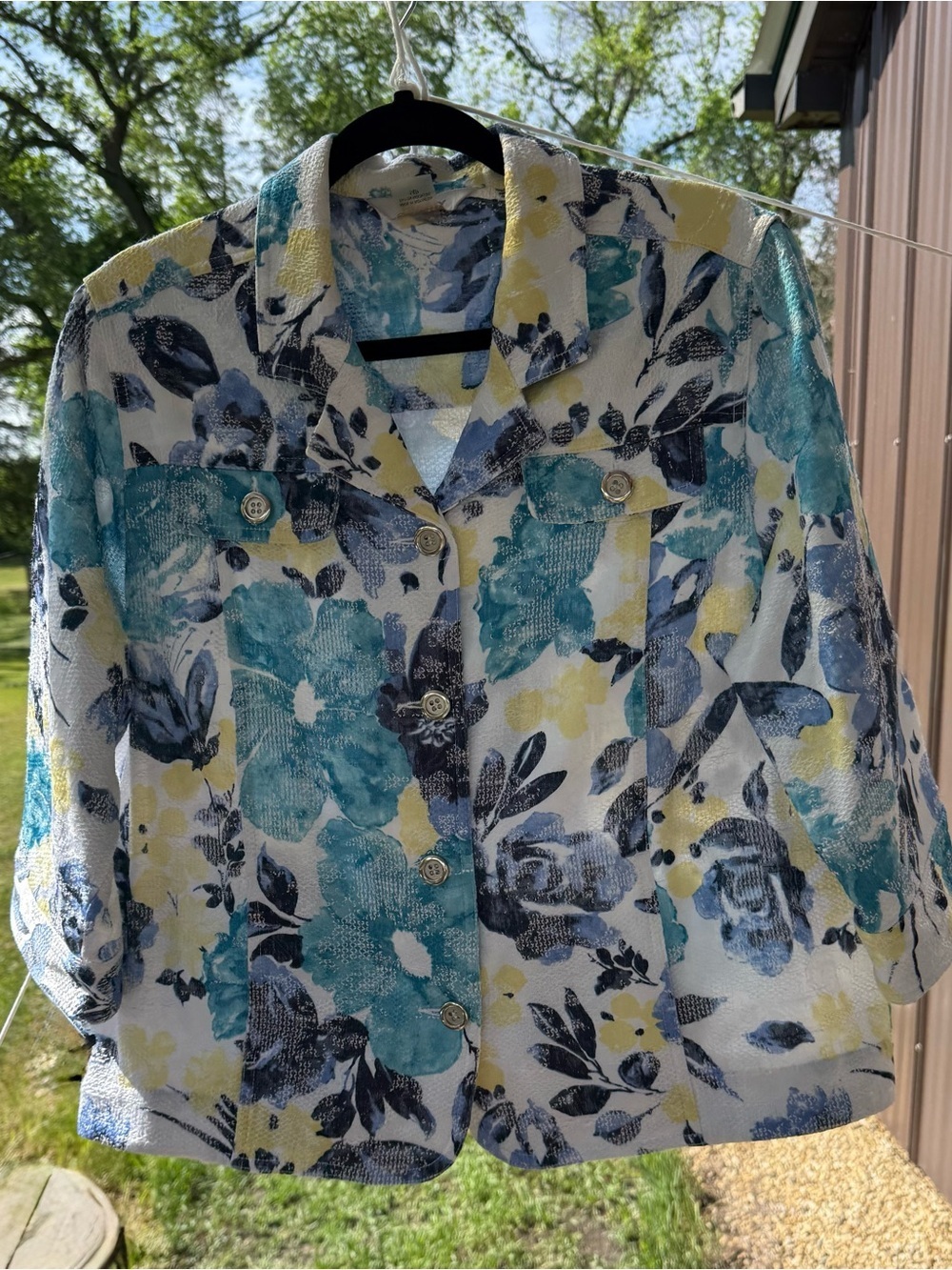 TanJay Floral Blazer in Teal, Navy & Yellow - Picture 2 of 9